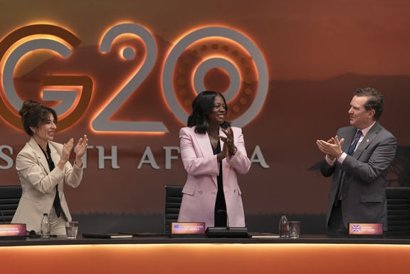 Sabrina Impacciatore Viola Davis and Douglas Hodge in G20. Photo Credit Ilze Kitshoff Prime Video Amazon Content Services LLC
