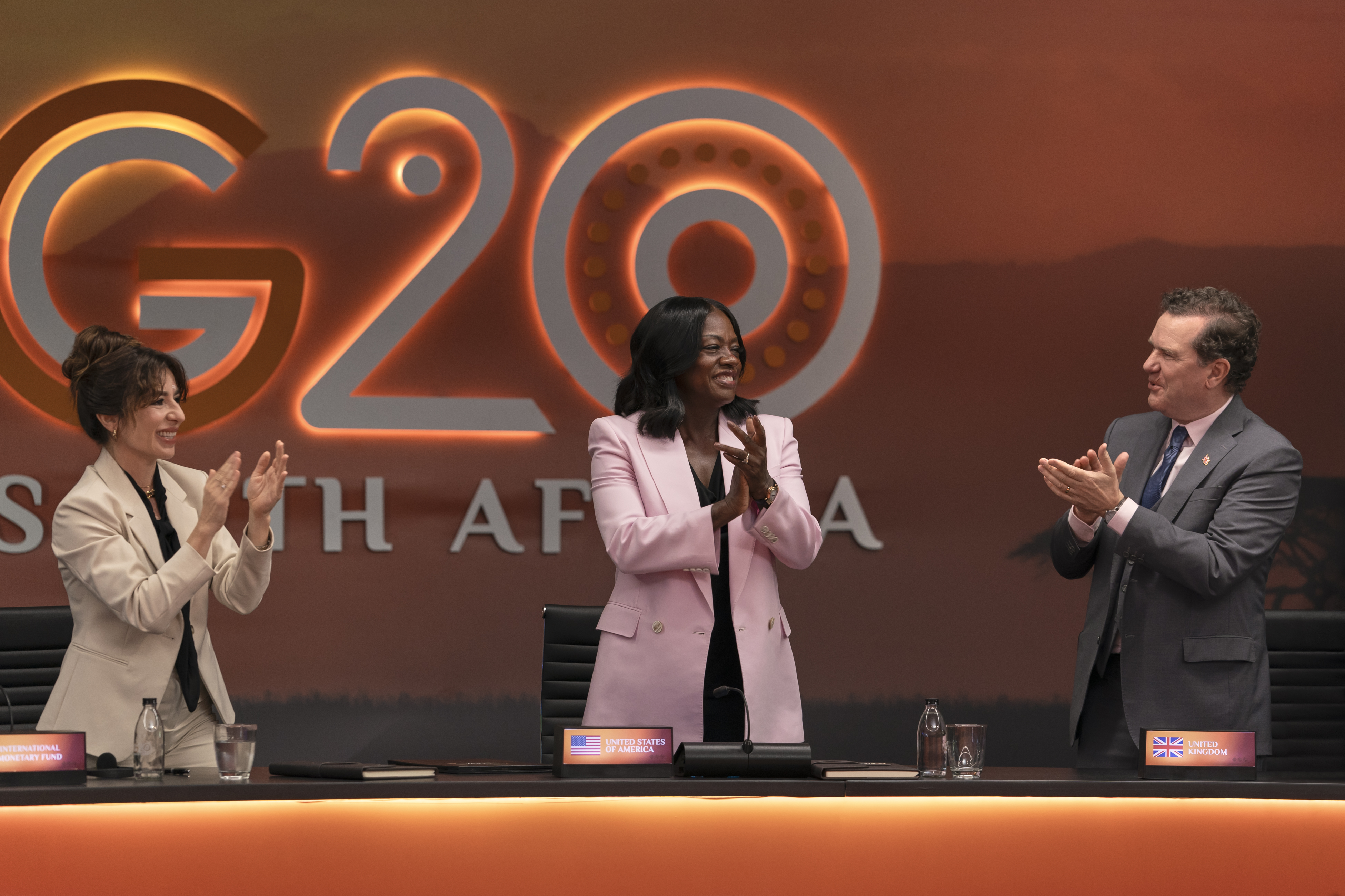 Sabrina Impacciatore Viola Davis and Douglas Hodge in G20. Photo Credit Ilze Kitshoff Prime Video Amazon Content Services LLC